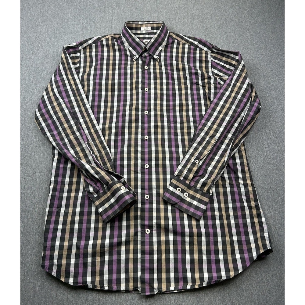 Peter Millar Shirt Mens Large Purple‎ White Black Tan Gingham Plaid Button Down